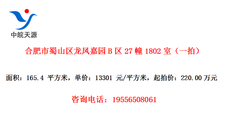 合肥市蜀山区龙凤嘉园B区27幢1802室（一拍）