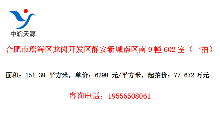 合肥市瑶海区龙岗开发区静安新城南区南9幢602室（一拍）