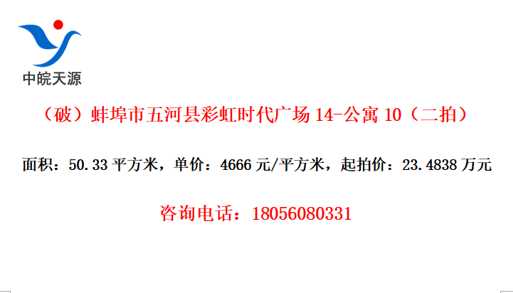 （破）蚌埠市五河县彩虹时代广场14-公寓10（二拍）