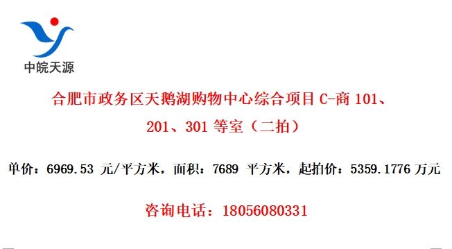 合肥市政务区天鹅湖购物中心综合项目C-商101、201、301等室（二拍）