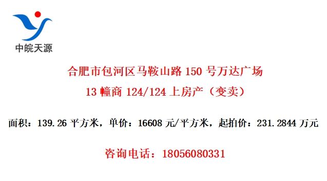 合肥市包河区马鞍山路150号万达广场13幢商124/124上房产（变卖）