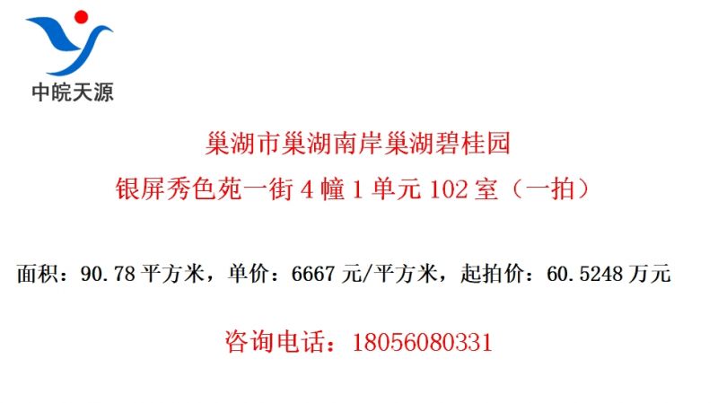 巢湖市巢湖南岸巢湖碧桂园银屏秀色苑一街4幢1单元102室（一拍）