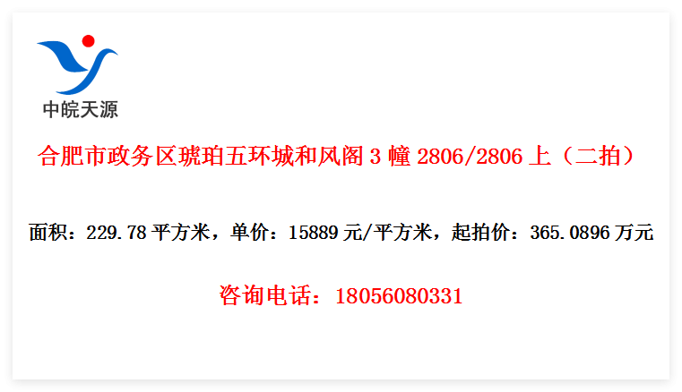 合肥市政务区琥珀五环城和风阁3幢2806/2806上（二拍）