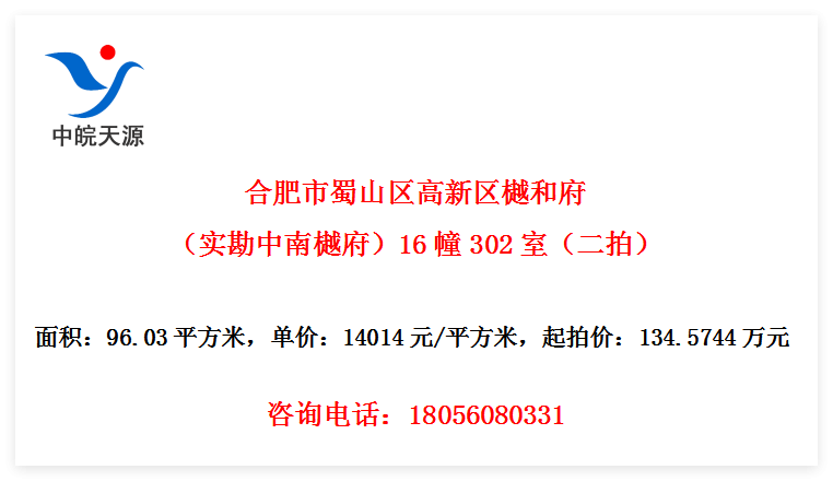 合肥市蜀山区高新区樾和府（实勘中南樾府）16幢302室（二拍）