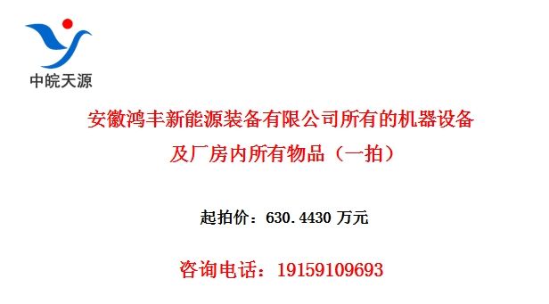 安徽鸿丰新能源装备有限公司所有的机器设备及厂房内所有物品(一拍)