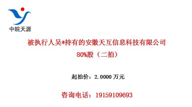 被执行人吴*持有的安徽天互信息科技有限公司80%股(二拍)