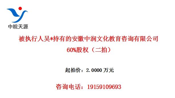 被执行人吴*持有的安徽中润文化教育咨询有限公司60%股权(二拍)